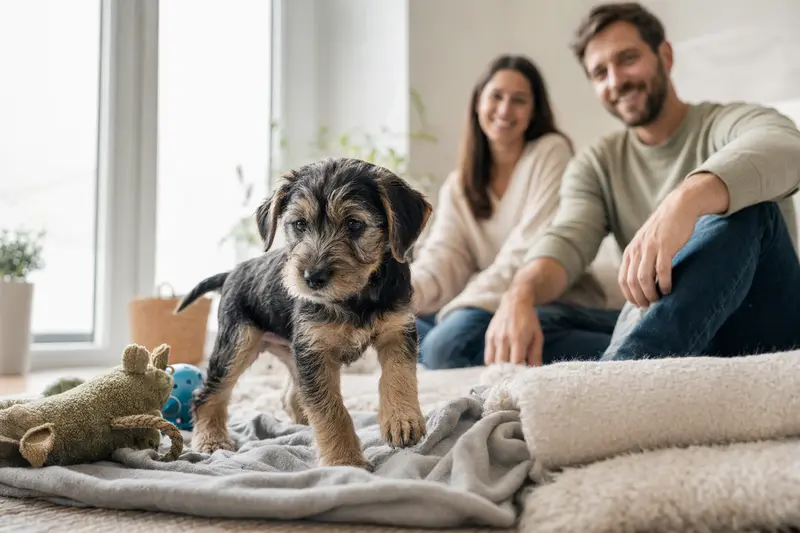 Ein neugieriger Waterside Terrier Welpe erkundet sein neues Zuhause mit Spielzeug und einer liebevollen Familie im Hintergrund.