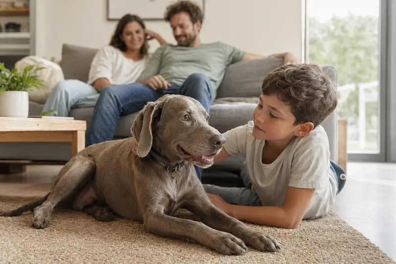 Ein entspannter Weimaraner Hund liegt neben einem Kind im gemütlichen Wohnzimmer.