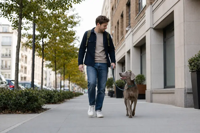 Ein Weimaraner läuft an der Leine mit seinem Besitzer durch eine moderne Stadtstraße, passend zum Thema Hundeversicherung und Alltag mit Hund.