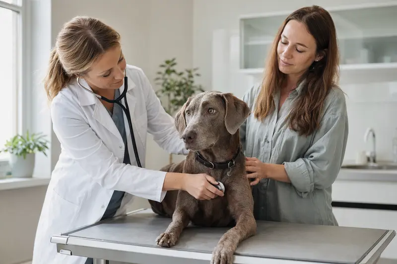Ein Weimaraner Hund wird von einer freundlichen Tierärztin in einer modernen Praxis untersucht.
