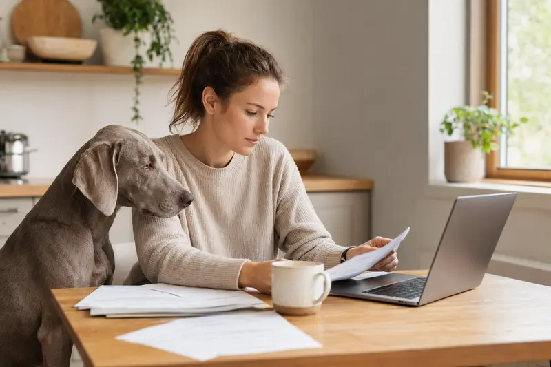 Ein Weimaraner sitzt entspannt neben einem Besitzer am Küchentisch mit Versicherungsunterlagen und Laptop.