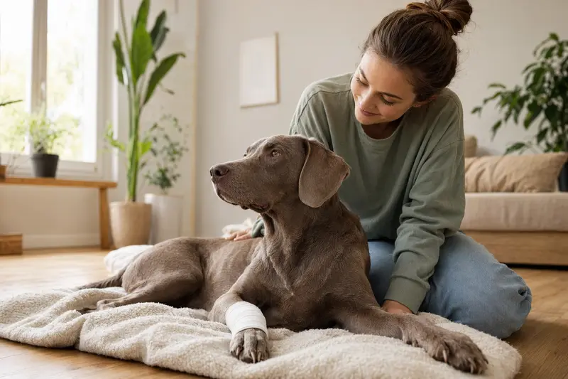 Ein Weimaraner Hund mit einem Verband an der Pfote liegt entspannt auf einer Decke neben seinem erleichterten Besitzer in einer hellen Wohnung.