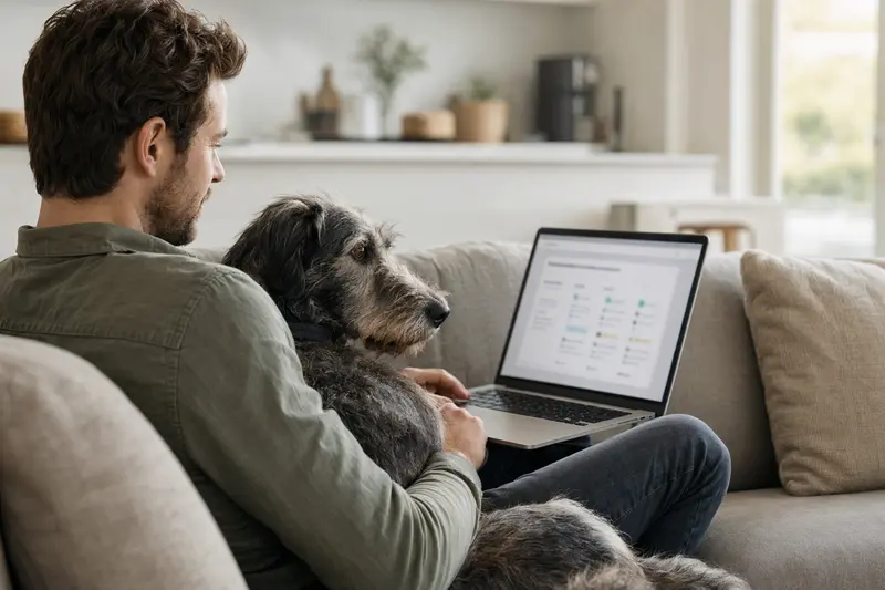 Ein Weimaraner sitzt neben einem Besitzer auf dem Sofa, während dieser an einem Laptop arbeitet und eine neutrale Versicherungsvergleichsseite betrachtet.