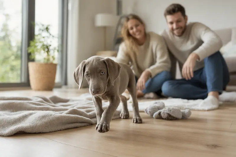 Ein neugieriger Weimaraner Welpe erforscht seine helle, freundliche Wohnung mit Spielzeug und einer liebevollen Familie im Hintergrund.