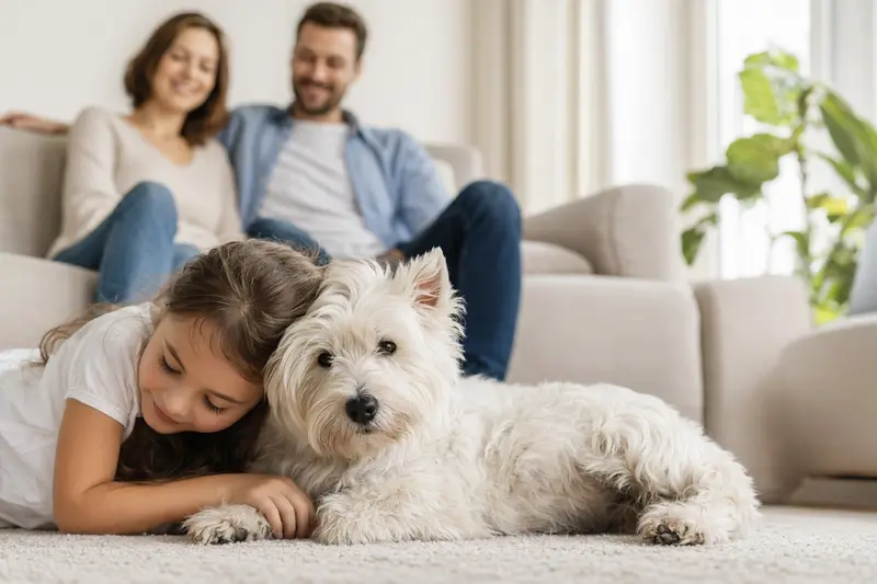 Ein entspannter Weißer Hochlandterrier Hund liegt neben einem Kind in einem hellen Wohnzimmer mit Eltern im Hintergrund.