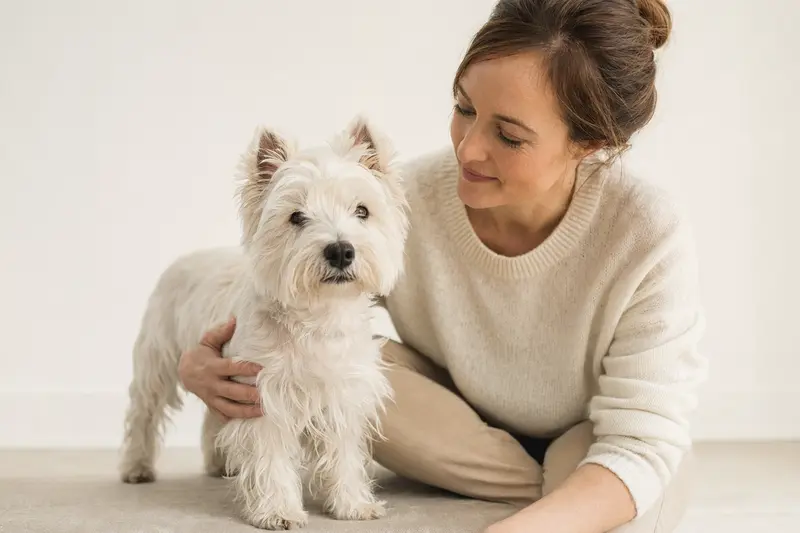 Ein weißer Hochlandterrier steht aufmerksam vor hellem Hintergrund und zeigt die typische Fellstruktur der Rasse.