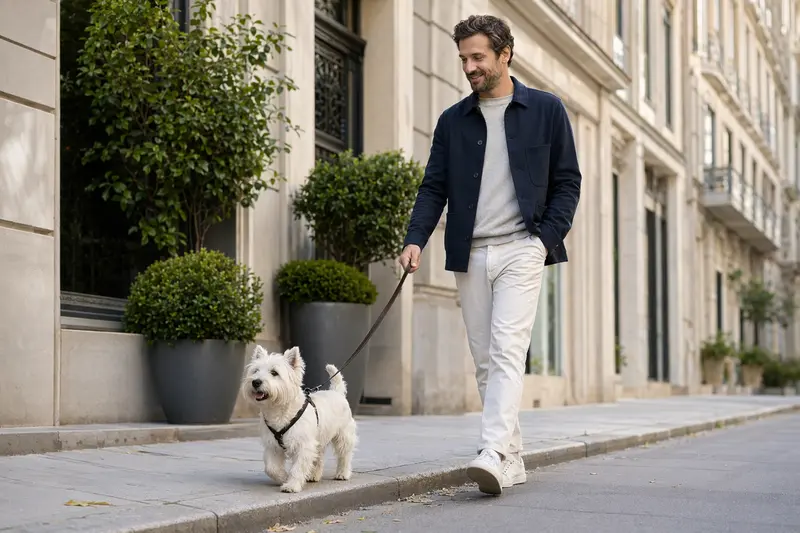 Ein weißer Hochlandterrier läuft an der Leine mit seinem Besitzer durch eine moderne Stadtstraße.