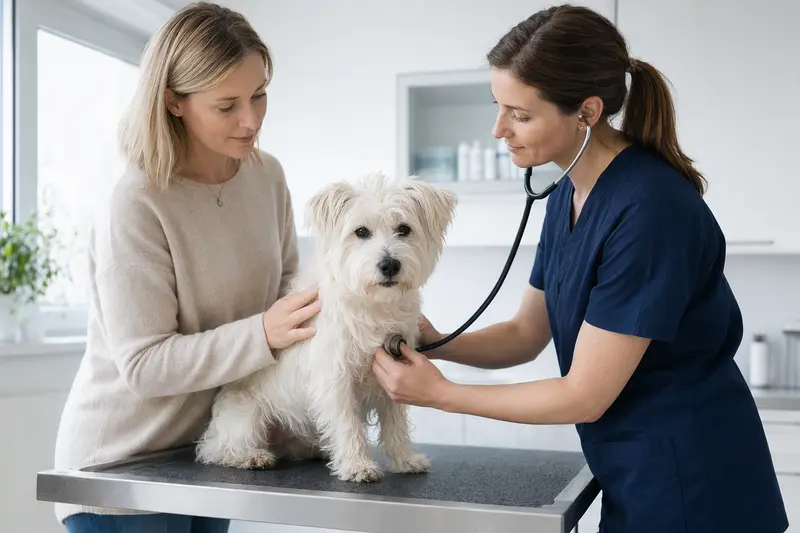 Ein ruhiger Weißer Hochlandterrier wird von einer freundlichen Tierärztin in einer modernen Praxis untersucht.