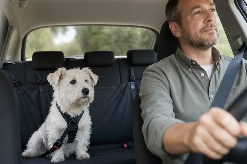 Ein weißer Hochlandterrier sitzt angeschnallt auf der Rückbank eines Autos und genießt das Sonnenlicht.