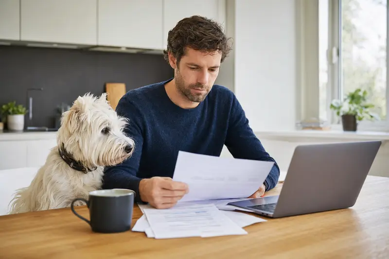Ein Weißer Hochlandterrier sitzt neben seinem Besitzer am Küchentisch, während Versicherungsunterlagen und ein Laptop mit Vergleichsseite auf dem Tisch liegen.