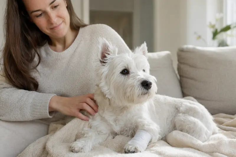 Ein entspannter Weißer Hochlandterrier mit Verband an der Pfote liegt auf einer Decke, während sein erleichterter Besitzer neben ihm sitzt.