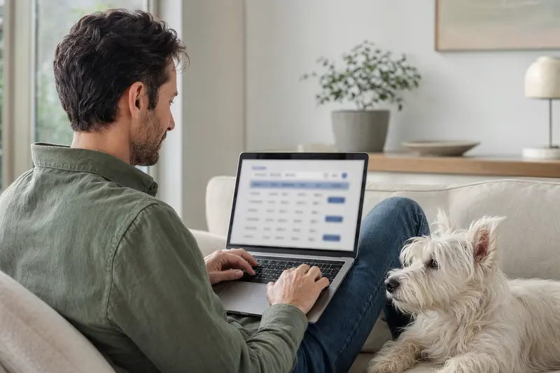 Ein Besitzer sitzt mit einem Laptop auf dem Sofa, neben ihm ein Weißer Hochlandterrier, während er eine Versicherungsvergleichsseite betrachtet.