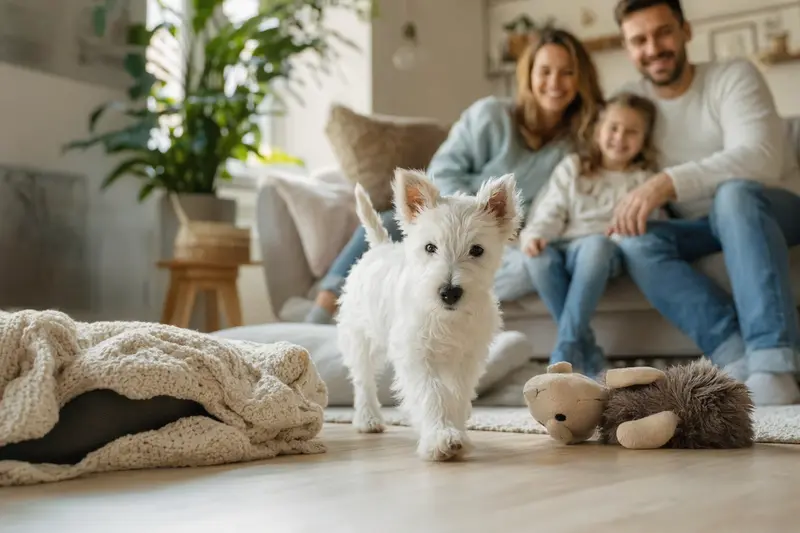 Ein junger Weißer Hochlandterrier Welpe erkundet neugierig sein neues Zuhause mit einer weichen Decke und Spielzeug vor einer liebevollen Familie.