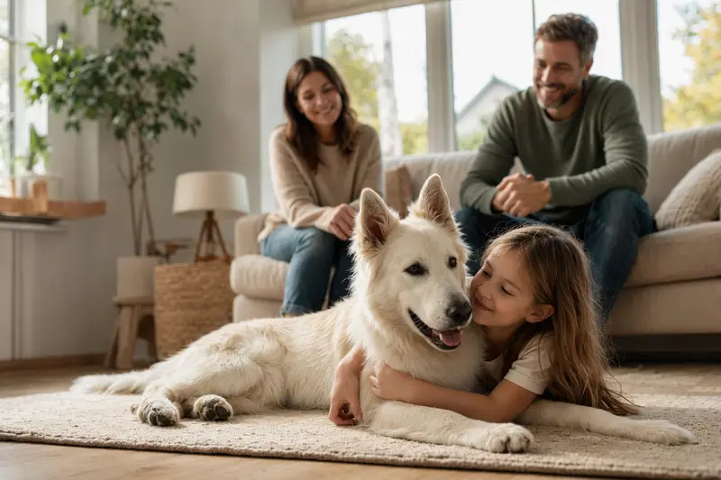 Ein weißer Schäferhund liegt entspannt neben einem Kind im Wohnzimmer, während die Eltern im Hintergrund eine sichere Familienatmosphäre schaffen.