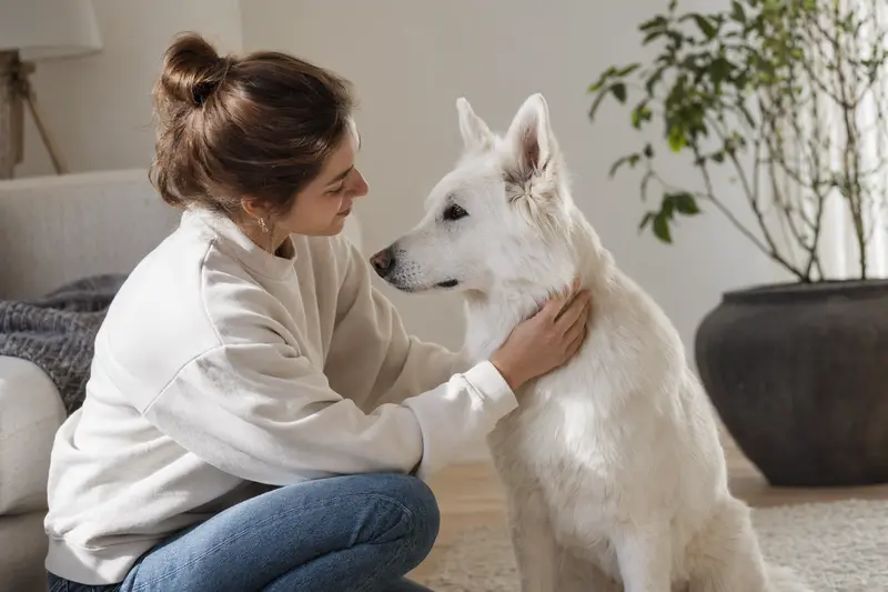 Weißer Schäferhund steht aufmerksam vor hellem Hintergrund in einem realistischen Portrait.