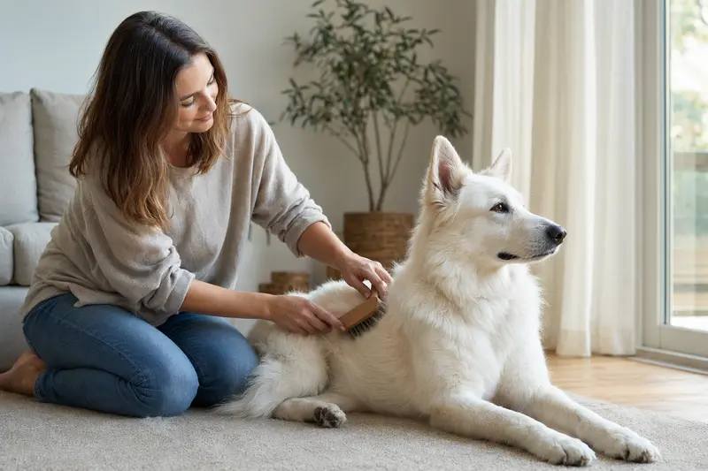 Ein weißer Schäferhund wird zuhause liebevoll gebürstet, während sich sein Besitzer um die Fellpflege kümmert.