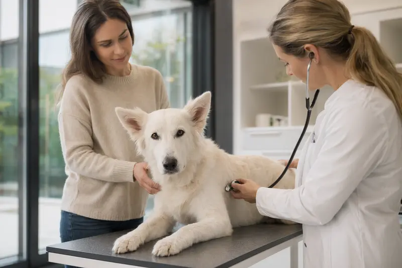 Eine Tierärztin untersucht einen ruhigen Weißen Schäferhund mit dem Stethoskop, während der Besitzer beruhigend daneben steht.