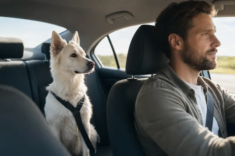 Ein Weißer Schäferhund sitzt sicher angeschnallt auf der Rückbank eines Autos, während der Besitzer ruhig fährt.