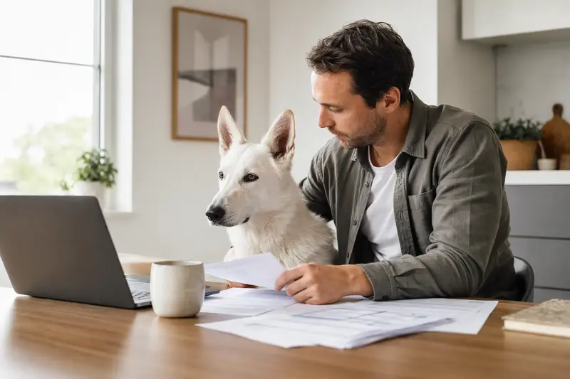 Ein Weißer Schäferhund sitzt ruhig neben seinem Besitzer am Küchentisch, während Versicherungsunterlagen und ein Laptop mit Vergleichsseite auf eine Tierkrankenversicherung hinweisen.