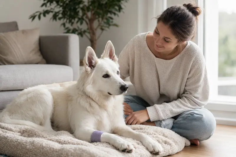Weißer Schäferhund mit leichtem Verband an der Pfote liegt ruhig auf einer Decke neben seinem erleichterten Besitzer in einer hellen Wohnung.