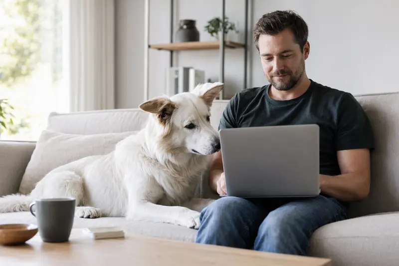Ein Hundebesitzer sitzt auf dem Sofa mit einem Laptop, während sein Weißer Schäferhund neben ihm liegt und eine neutrale Versicherungsvergleichsseite auf dem Bildschirm angezeigt wird.