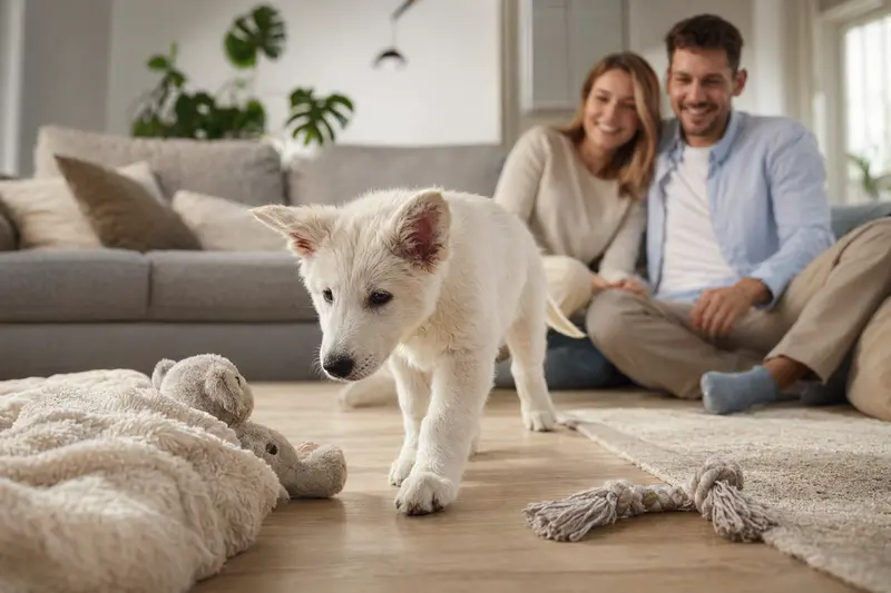 Ein junger Weißer Schäferhund Welpe erkundet neugierig sein neues Zuhause in einer hellen Wohnung mit weicher Decke und Spielzeug.