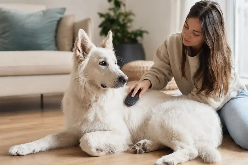 Ein Weisser Schweizer Schäferhund wird liebevoll von seinem Besitzer zuhause gebürstet.