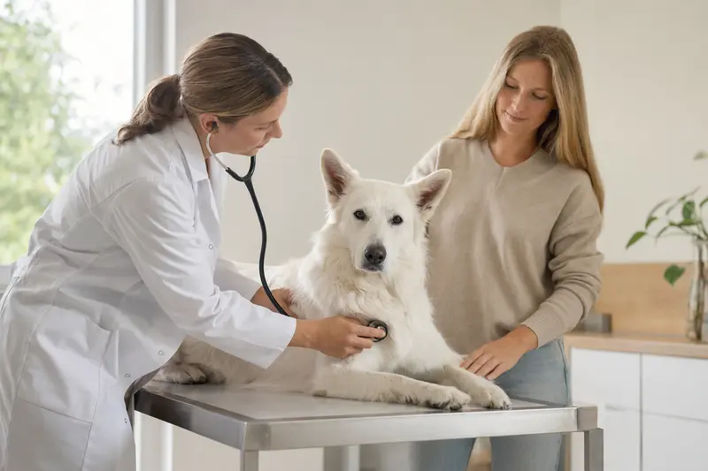 Ein ruhiger Weißer Schweizer Schäferhund wird von einer Tierärztin in einer modernen Praxis mit einem Stethoskop untersucht, während der Besitzer beruhigend danebensteht.