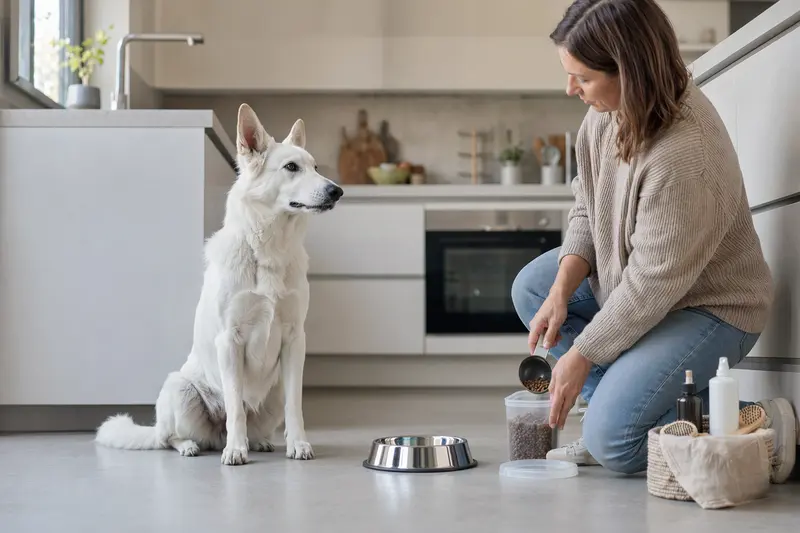 Ein weißer Schweizer Schäferhund sitzt neben einem hochwertigen Futternapf und Pflegezubehör in einer hellen Küche, während sein Besitzer Futter vorbereitet.