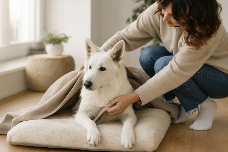Ein weißer Schweizer Schäferhund liegt entspannt in einem hellen Zuhause, während sein Besitzer ihm liebevoll eine Decke überlegt.