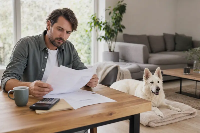 Besitzer mit Tierarztrechnung sitzt am Tisch neben einem entspannten Weißen Schweizer Schäferhund in heller Wohnung.