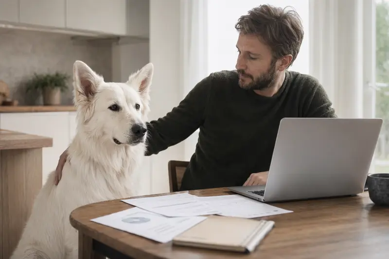 Ein weißer Schweizer Schäferhund sitzt neben seinem Besitzer am Küchentisch zwischen Versicherungsunterlagen und einem Laptop.