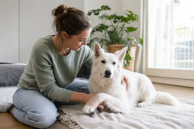 Ein entspannter Weißer Schweizer Schäferhund mit Verband an der Pfote liegt neben seinem erleichterten Besitzer in einer hellen Wohnung.