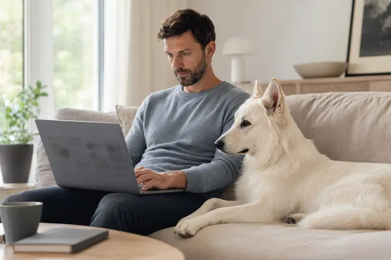 Besitzer sitzt mit Laptop auf dem Sofa neben einem Weißen Schweizer Schäferhund, während er Informationen zu Tierkrankenversicherungen vergleicht.