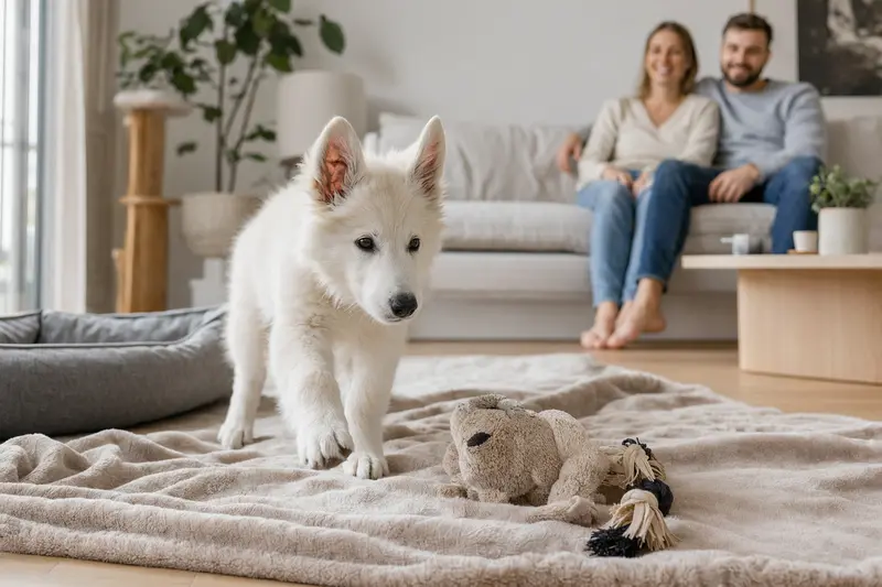 Ein neugieriger Weisser Schweizer Schäferhund Welpe erkundet sein neues Zuhause mit einer liebevollen Familie im Hintergrund.
