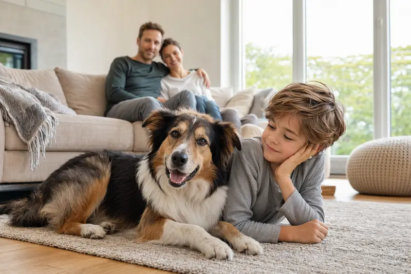 Ein freundlicher Welsh Collie liegt entspannt neben einem Kind im hellen Wohnzimmer und unterstreicht die sichere Familienatmosphäre.