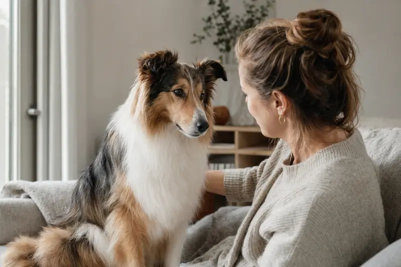 Ein aufmerksamer Welsh Collie steht vor hellem Hintergrund in natürlicher Haltung als professionelles Hundeportrait.