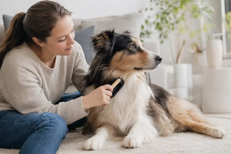 Ein Welsh Collie wird zuhause von seinem Besitzer sanft gebürstet und zeigt eine liebevolle Fellpflege im hellen Wohnraum.