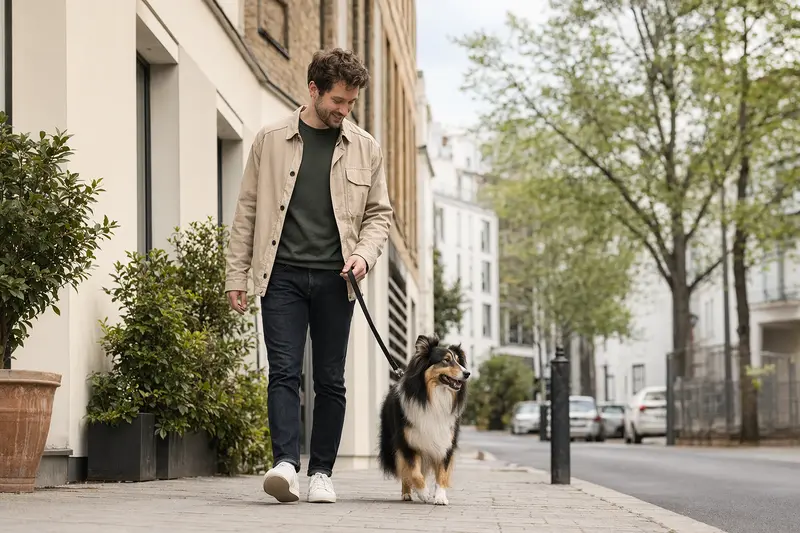 Ein Welsh Collie läuft an der Leine mit seinem Besitzer durch eine moderne Stadtstraße im Alltag.