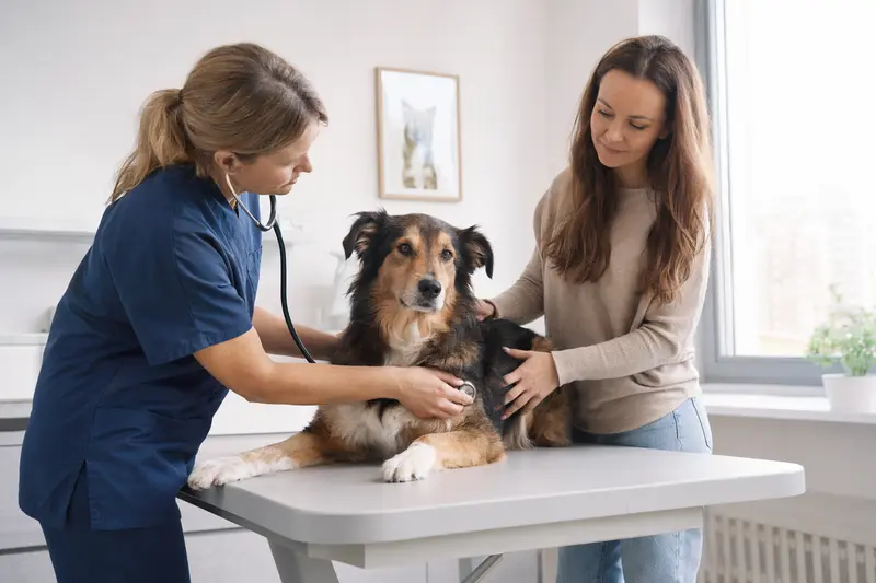 Ein ruhiger Welsh Collie auf einem Untersuchungstisch, während eine freundliche Tierärztin ihn mit einem Stethoskop untersucht.