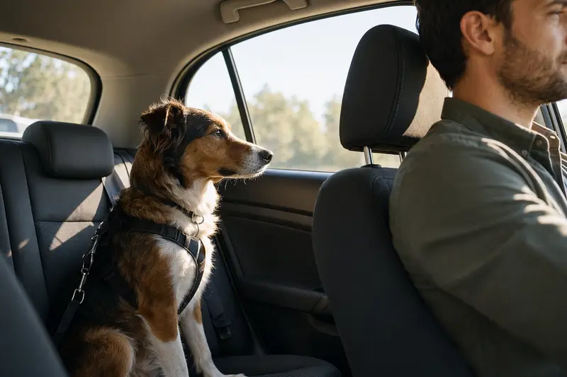 Ein Welsh Collie Hund sitzt sicher angeschnallt auf der Rückbank eines Autos, während sein Halter fährt.