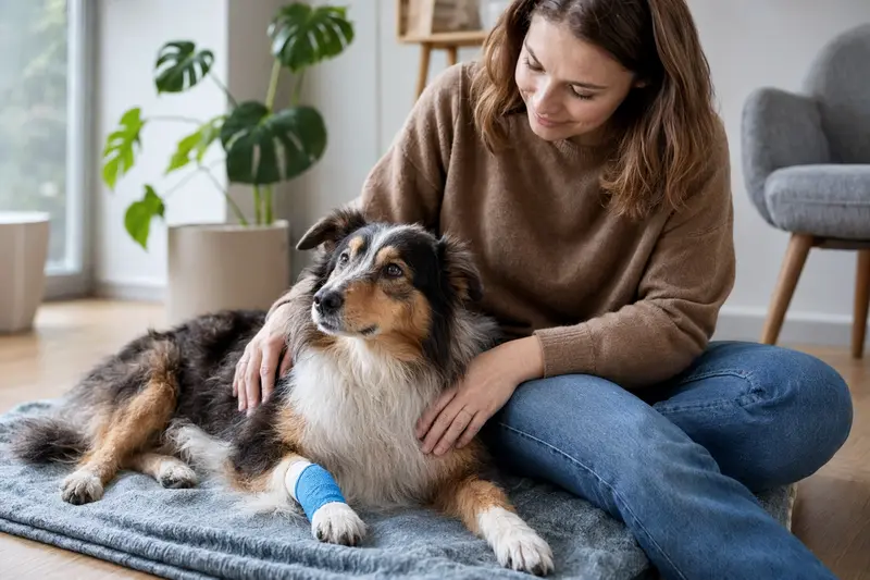 Ein Welsh Collie mit einem leichten Verband an der Pfote liegt entspannt auf einer Decke, während der Besitzer erleichtert neben ihm sitzt.