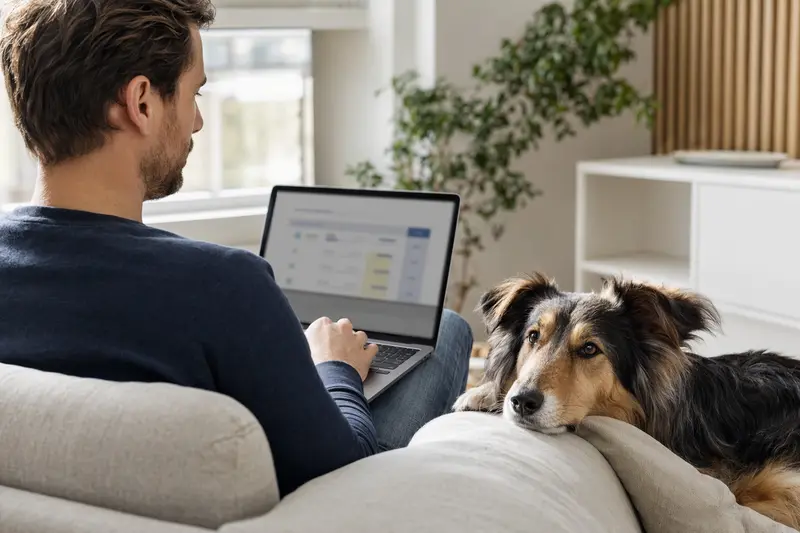 Ein Besitzer arbeitet am Laptop auf dem Sofa, neben ihm ein Welsh Collie, was auf die einfache Entscheidung für eine Tierkrankenversicherung hinweist.