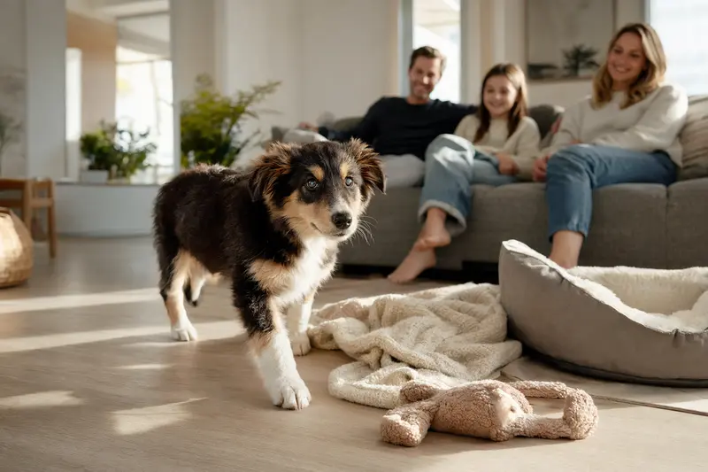 Ein junger Welsh Collie Welpe erkundet neugierig seine weiche Decke und Spielzeuge in einer hellen Wohnung, während eine liebevolle Familie im Hintergrund zu sehen ist.