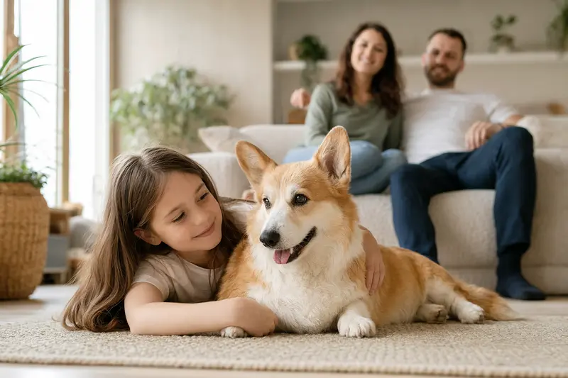 Ein Welsh Corgi Pembroke liegt entspannt neben einem Kind im Wohnzimmer in einer sicheren Familienatmosphäre.