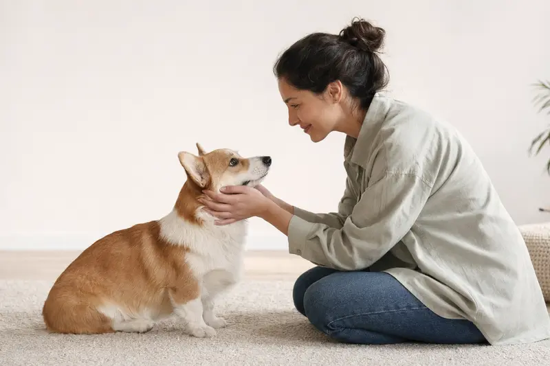 Ein Welsh Corgi Pembroke steht aufmerksam in natürlicher Haltung vor hellem neutralem Hintergrund.
