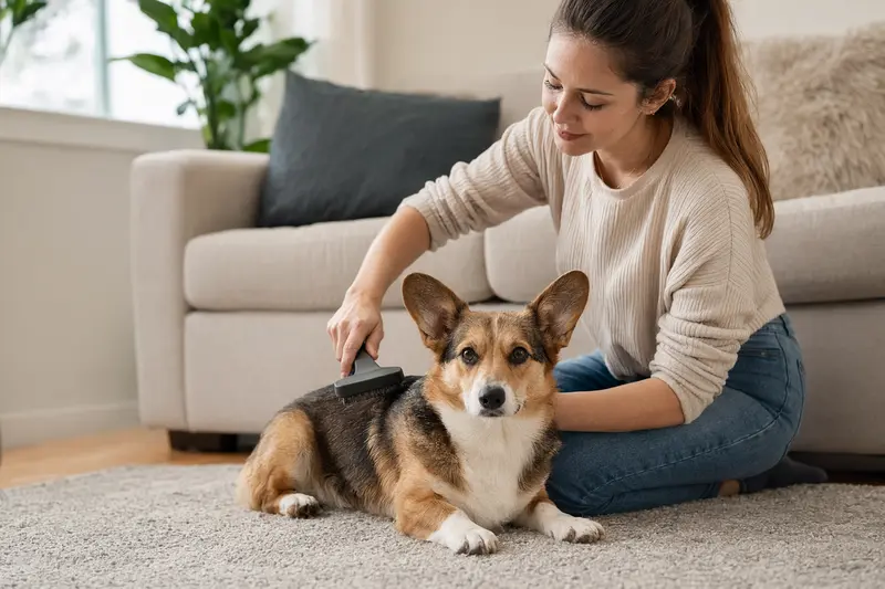 Ein Welsh Corgi Pembroke wird in einer hellen Wohnung liebevoll gebürstet, während sein Besitzer die Fellpflege aufmerksam übernimmt.