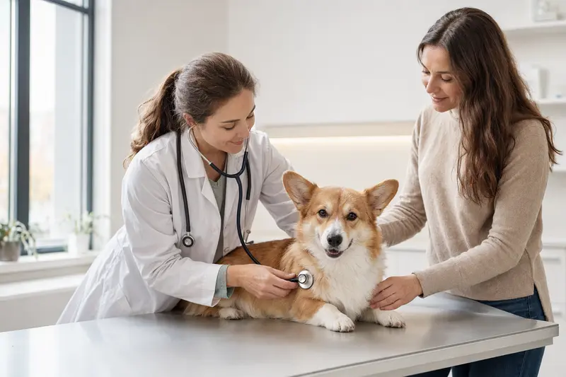 Ein freundlicher Welsh Corgi Pembroke wird von einer Tierärztin mit einem Stethoskop in einer modernen Tierarztpraxis untersucht, während der Besitzer beruhigend daneben steht.