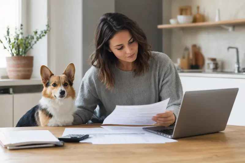 Ein Welsh Corgi Pembroke Hund sitzt neben seinem Besitzer am Küchentisch, während Versicherungsunterlagen und ein Laptop auf dem Tisch liegen.