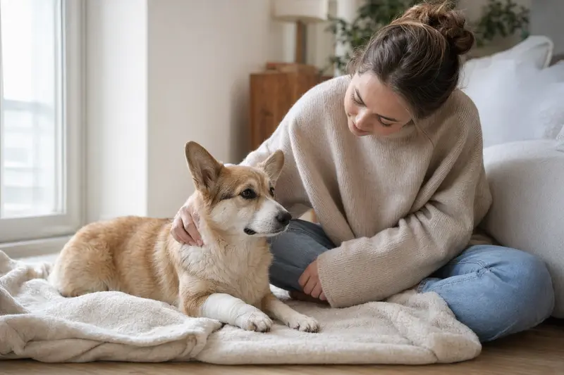 Ein Welsh Corgi Pembroke mit leichtem Verband an der Pfote liegt entspannt auf einer Decke neben seinem erleichterten Besitzer.